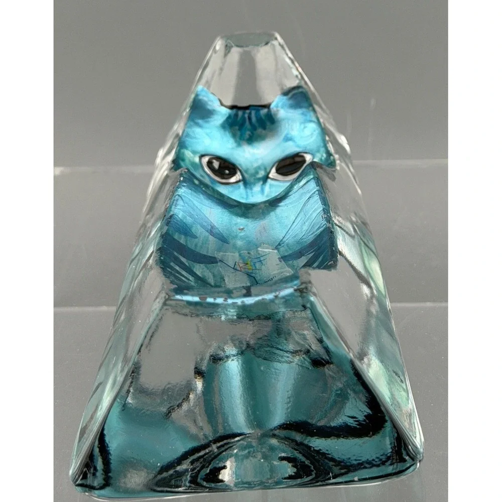 Vintage Paperweight Cat Kriff Design Art Glass Blue Hand Painted 6